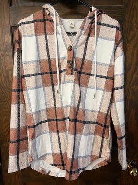 Plaid Hooded Button Pullover in White and Rust